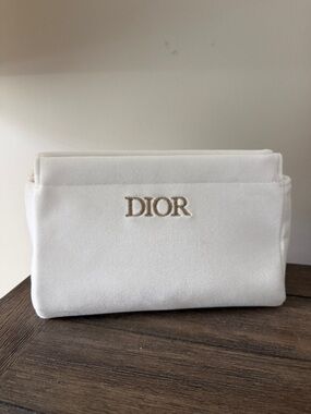 Dior White Suade Cosmetic Pouch with Gold Logo